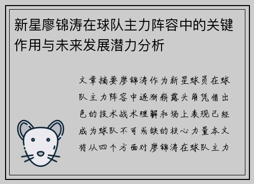 新星廖锦涛在球队主力阵容中的关键作用与未来发展潜力分析
